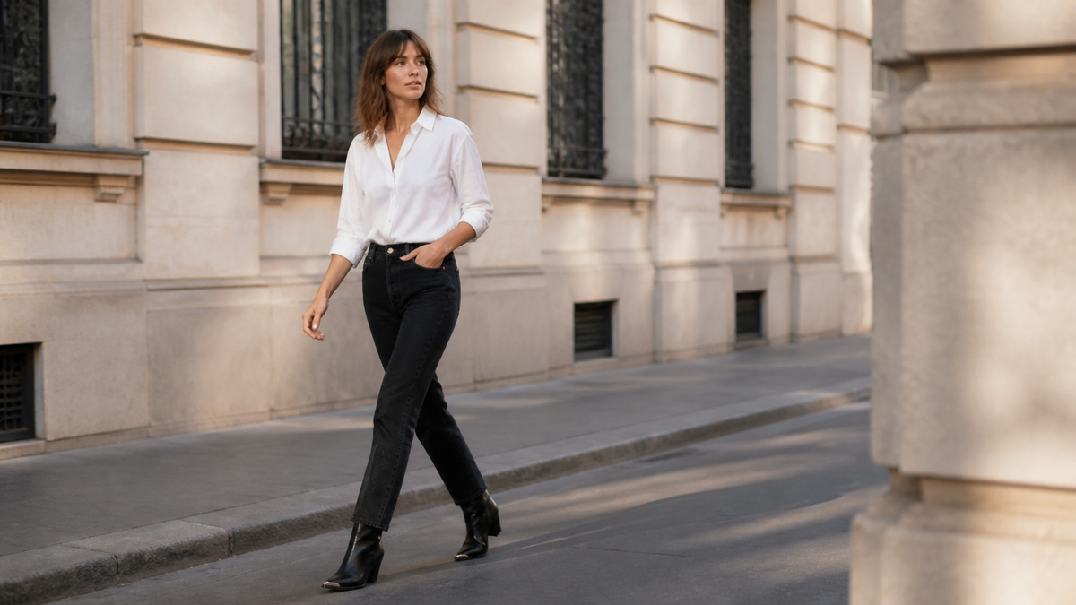 Tenue urbaine sobre avec santiags noires à bout métal