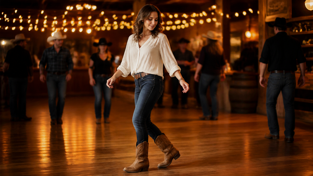 Femme dansant confortablement en santiags lors d’une soirée country