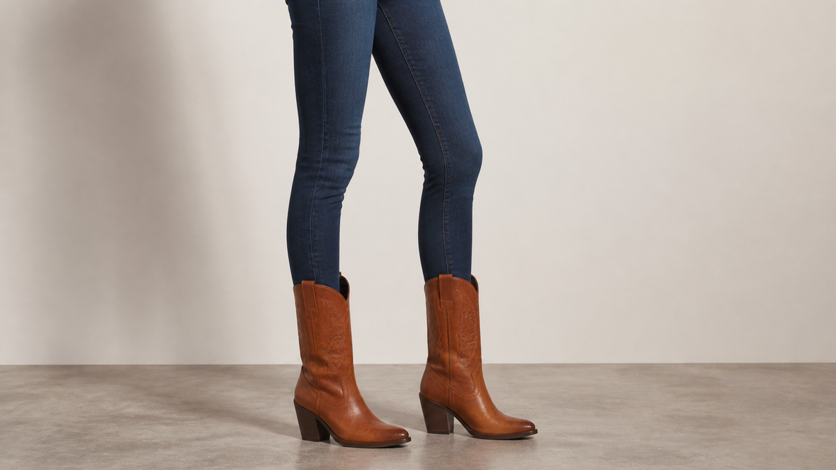 Jean slim lissé dans des santiags femme en cuir cognac