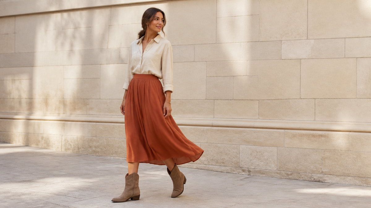 Look bohème net avec jupe terracotta et santiags en daim