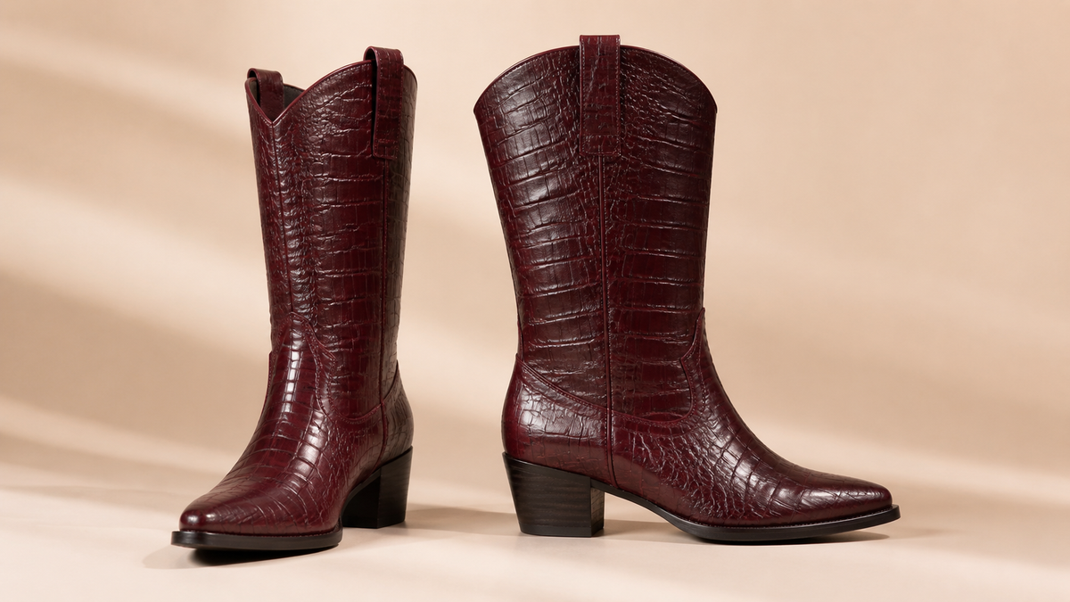 Paire de santiags femme bordeaux en finition effet crocodile