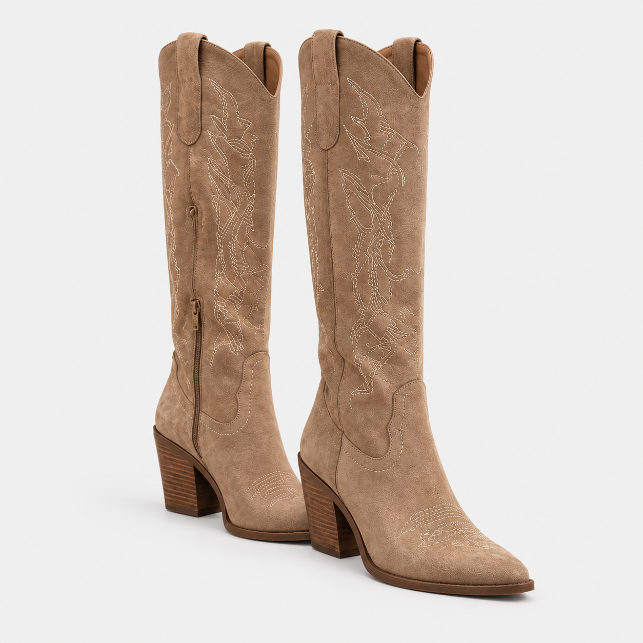 Santiag mi-haute camel Daim Synthétique Femme - Broderies florales, bout pointu