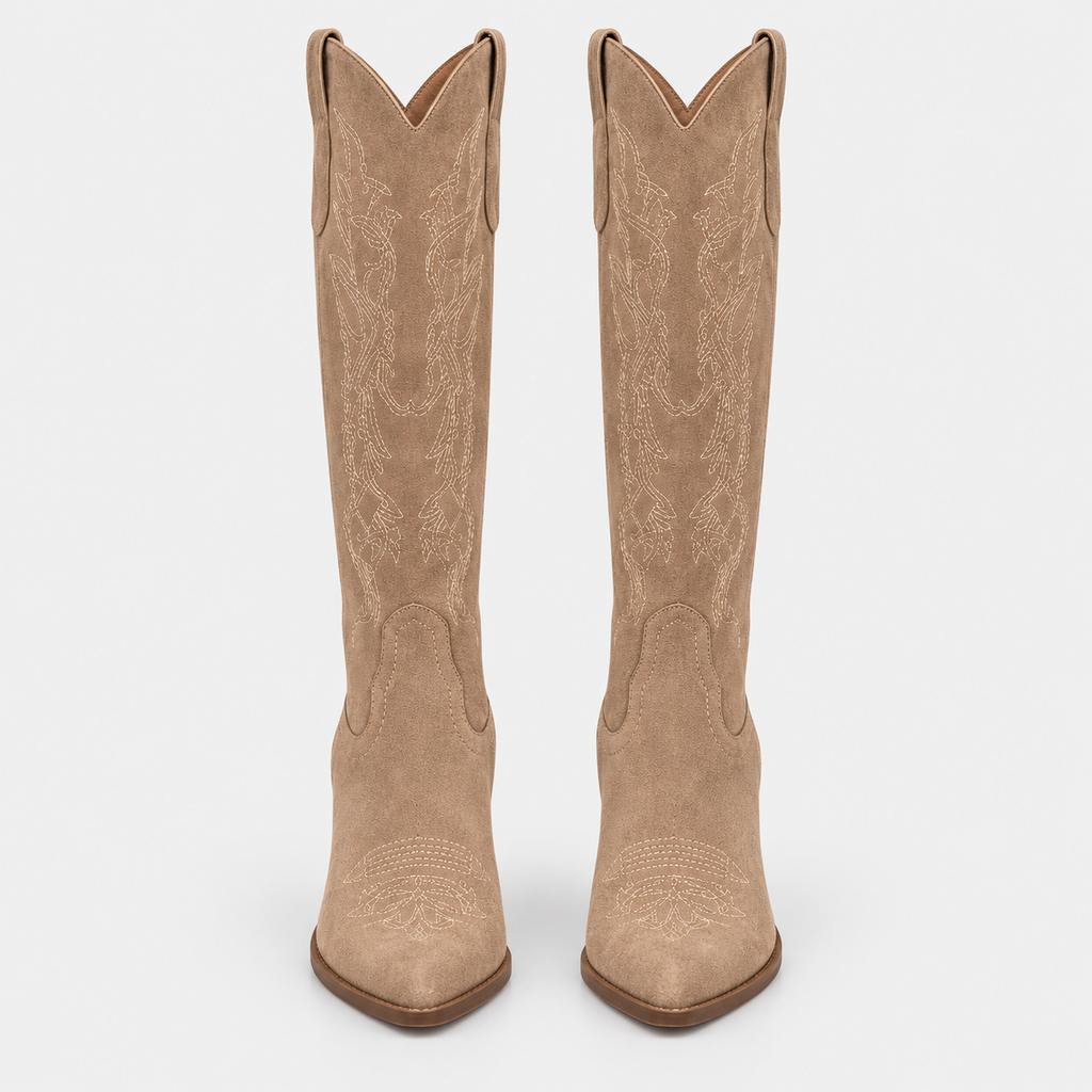 Santiag mi-haute camel Daim Synthétique Femme - Broderies florales, bout pointu