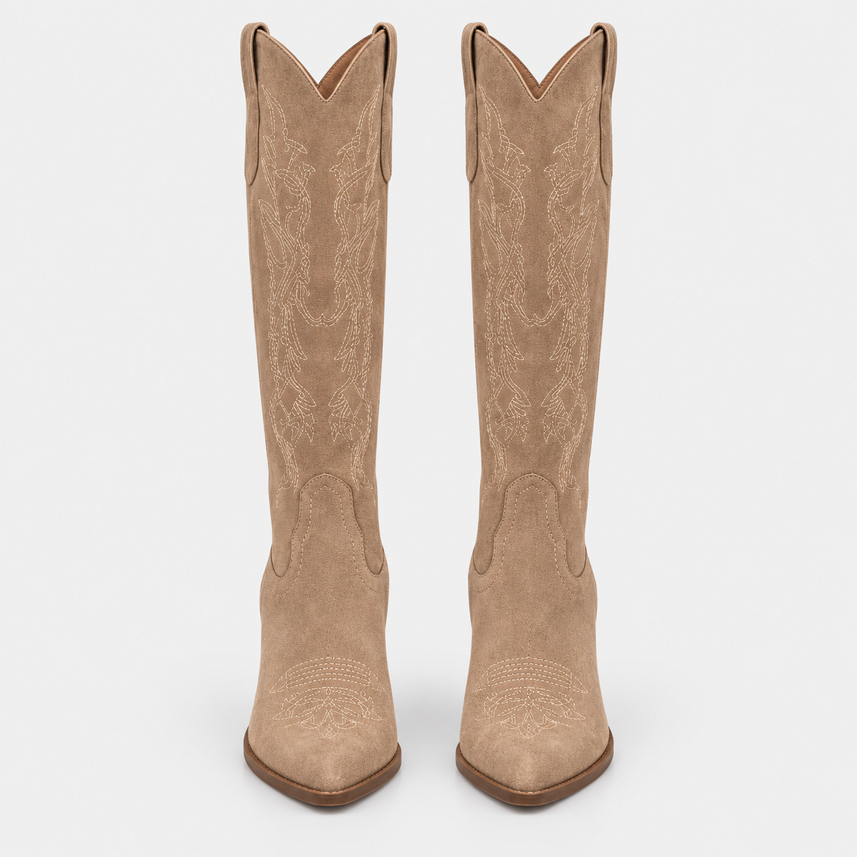 Santiag mi-haute camel Daim Synthétique Femme - Broderies florales, bout pointu