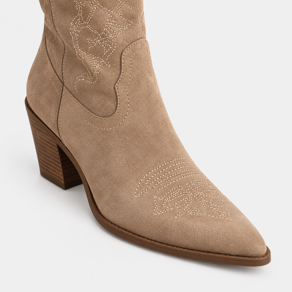 Santiag mi-haute camel Daim Synthétique Femme - Broderies florales, bout pointu