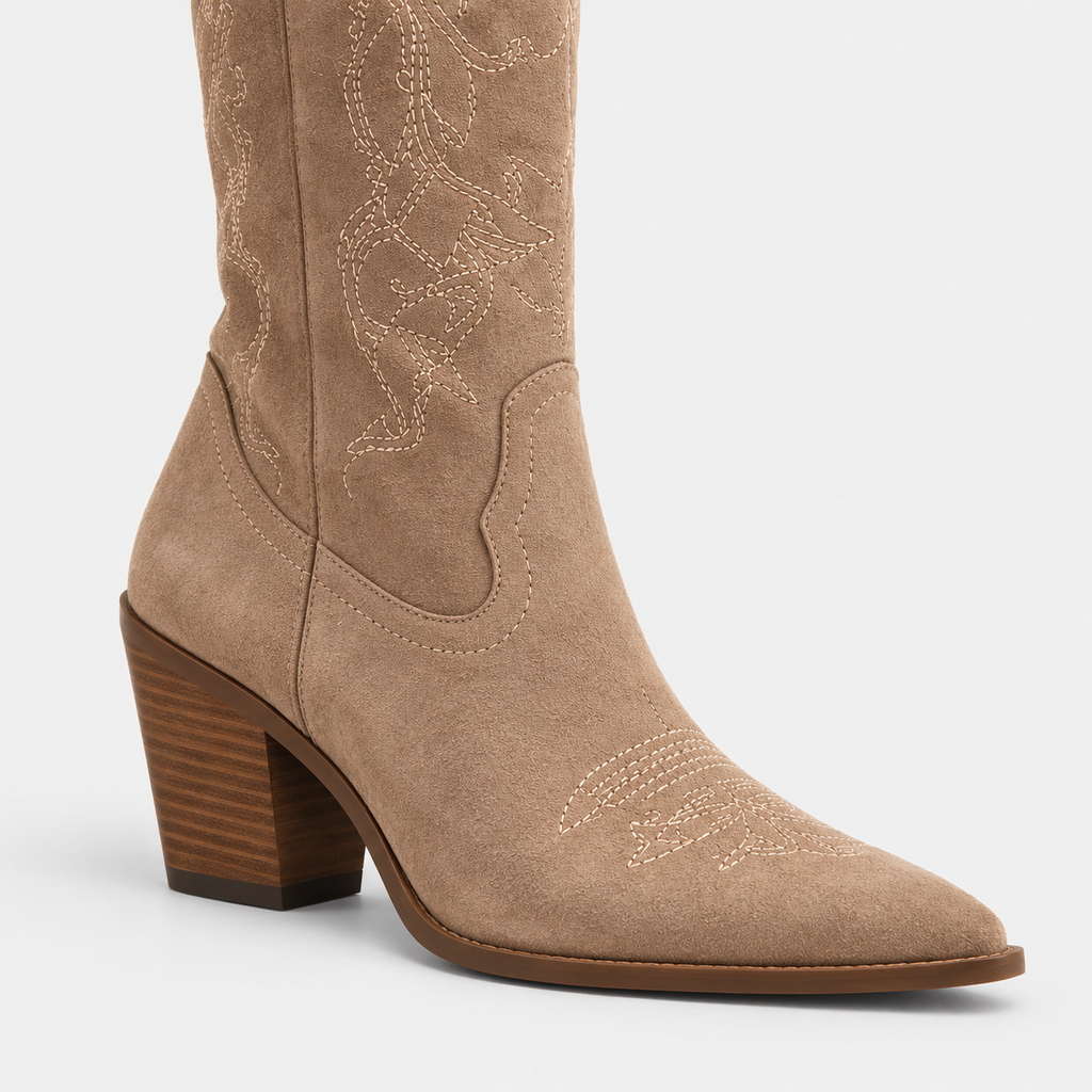 Santiag mi-haute camel Daim Synthétique Femme - Broderies florales, bout pointu