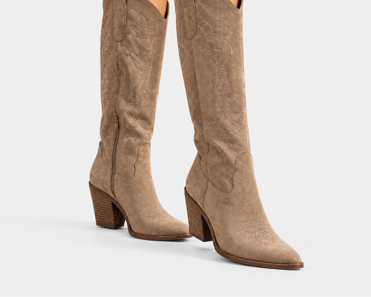 Santiag mi-haute camel Daim Synthétique Femme - Broderies florales, bout pointu