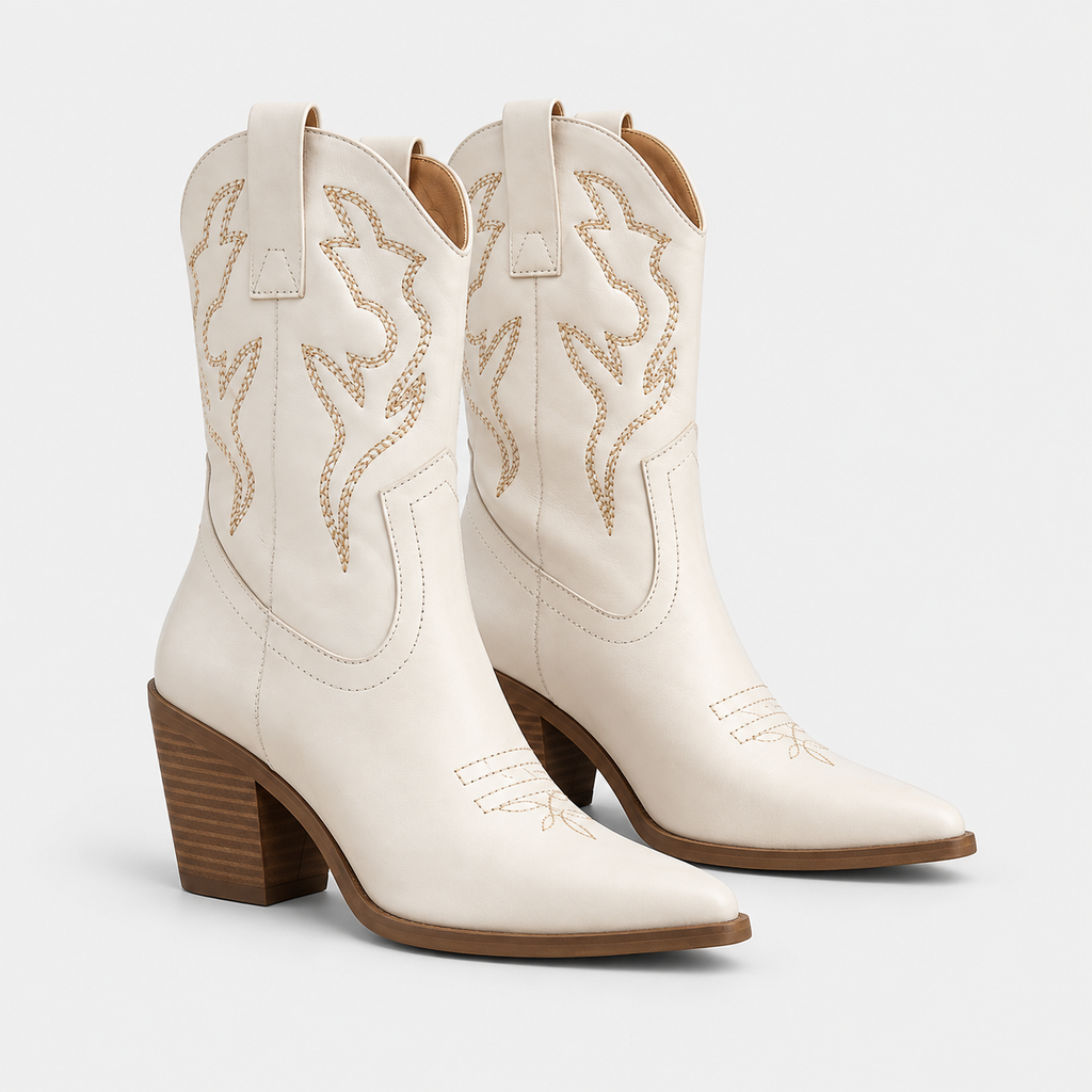 Santiag mi-haute blanc Simili Cuir Femme - Broderies géométriques