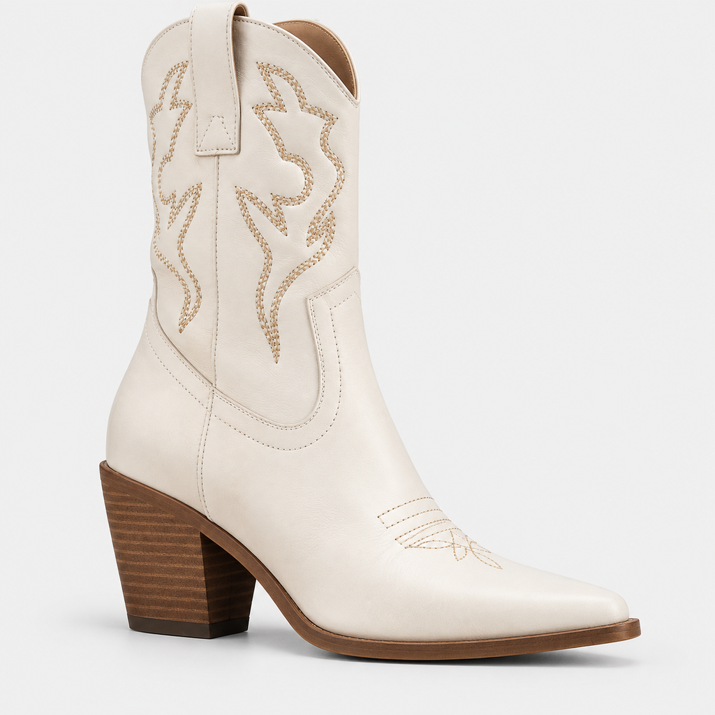 Santiag mi-haute blanc Simili Cuir Femme - Broderies géométriques