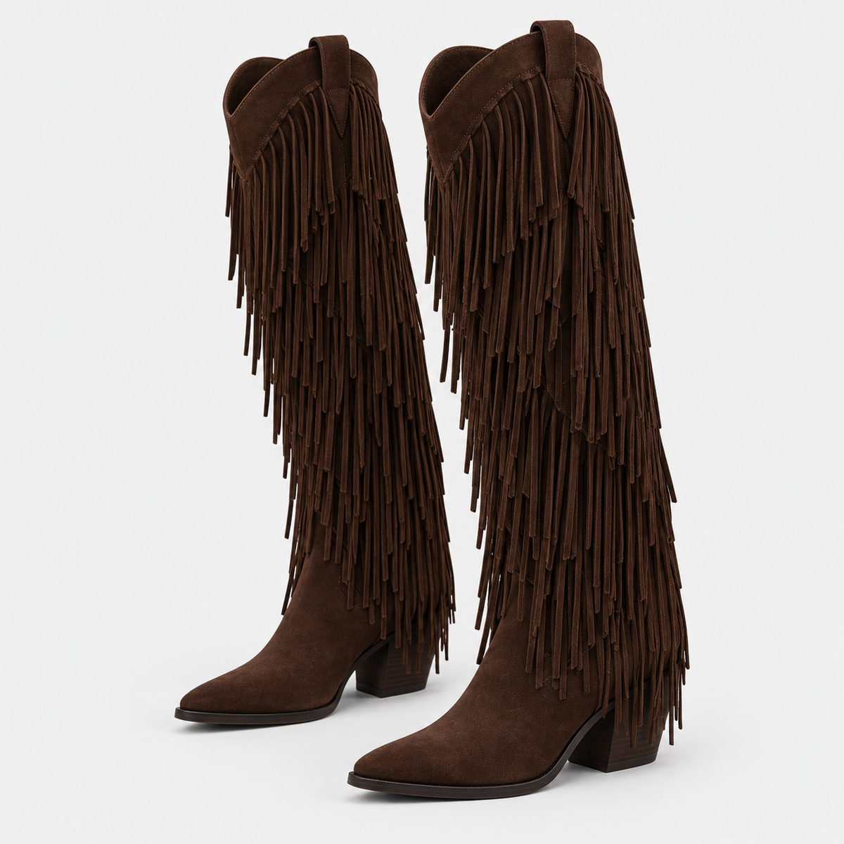 Santiag haute marron foncé Daim Femme - Franges, style cowboy
