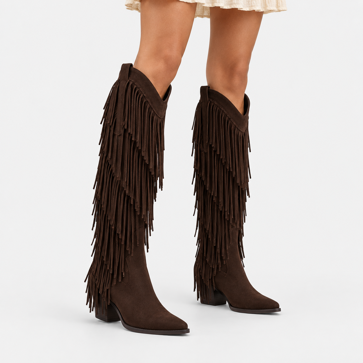 Santiag haute marron foncé Daim Femme - Franges, style cowboy