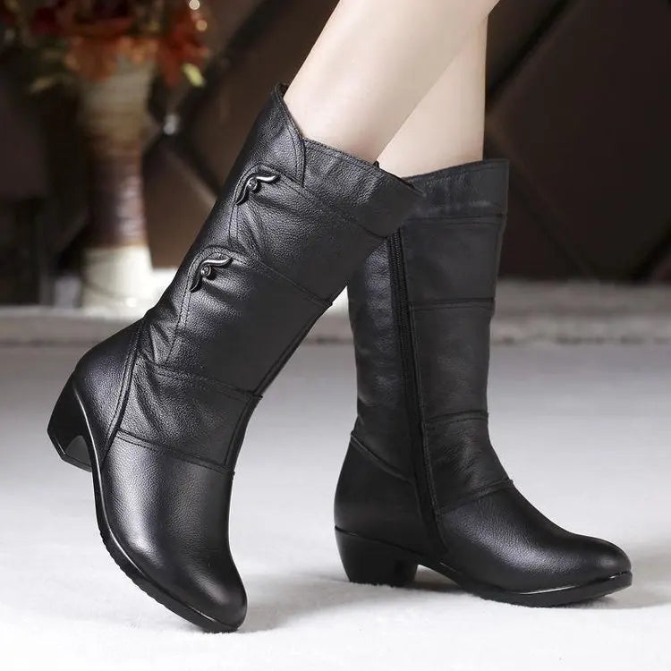 Santiag mi-haute noir Simili Cuir Femme - Boucles métalliques, bout arrondi