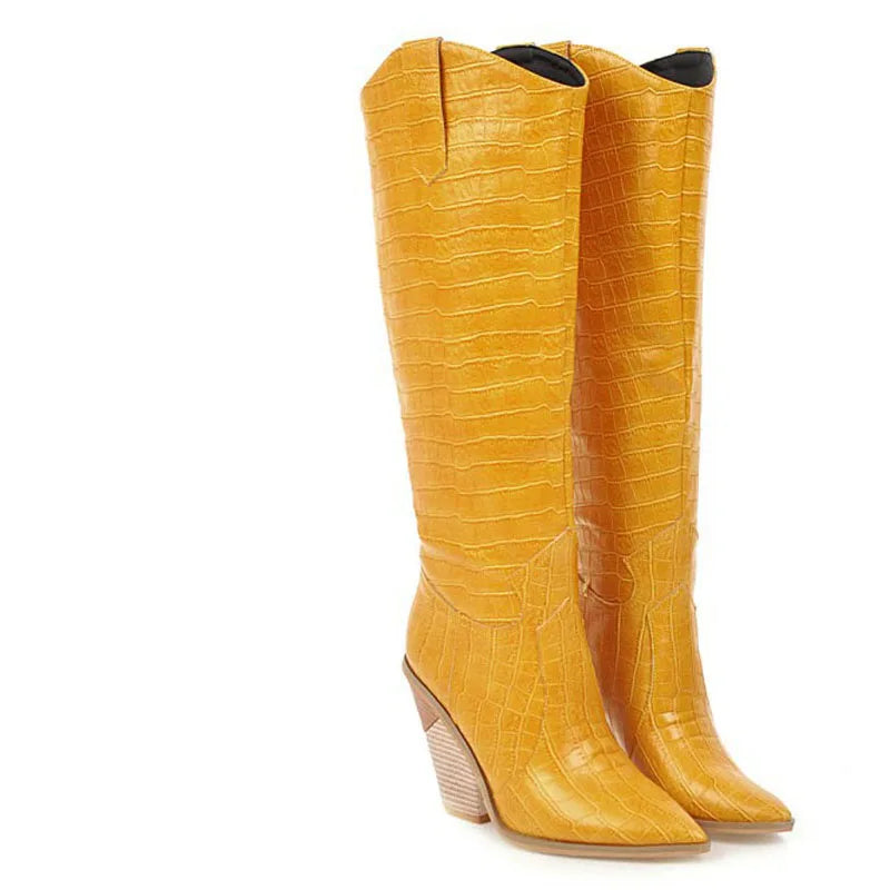 Santiag haute jaune Simili Cuir Femme - Motif crocodile, talon incliné