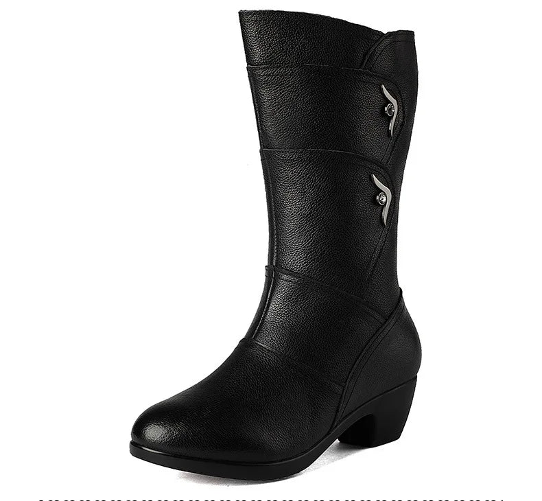 Santiag mi-haute noir Simili Cuir Femme - Boucles métalliques, bout arrondi