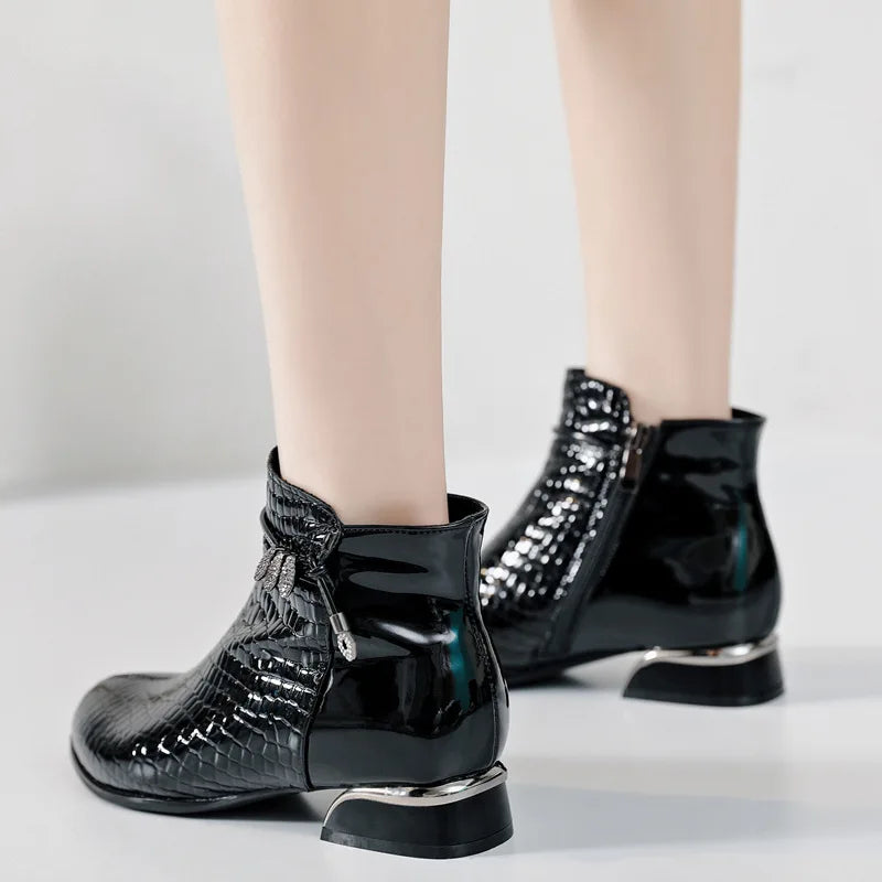 Bottine à talon noir Cuir Femme - Crocodile, nœud