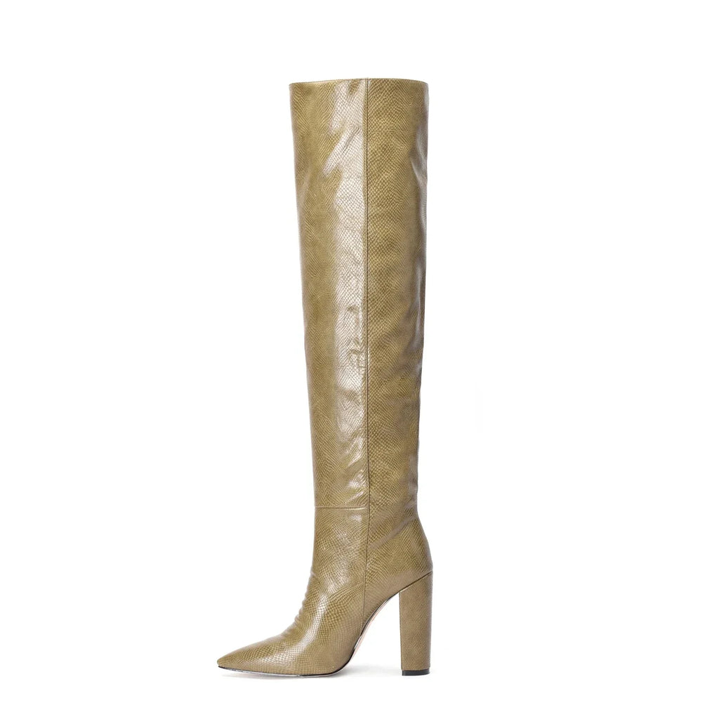 Botte haute beige Daim Synthétique Femme - Motif python