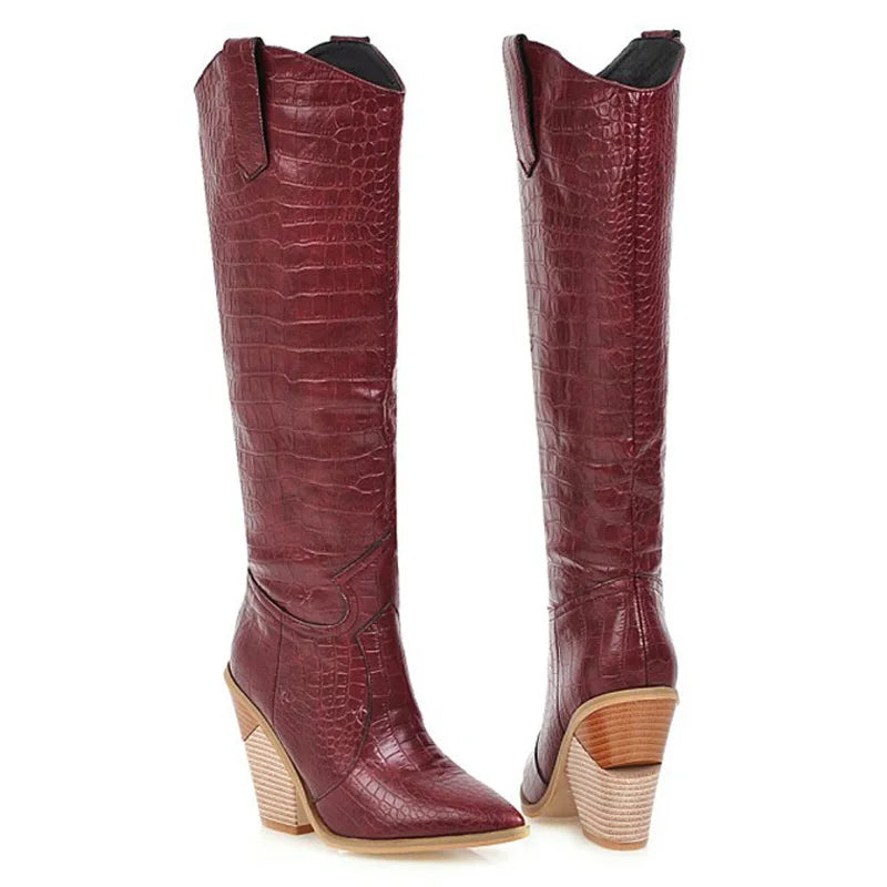 Santiag haute rouge Synthétique Femme - Effet crocodile, talon incliné