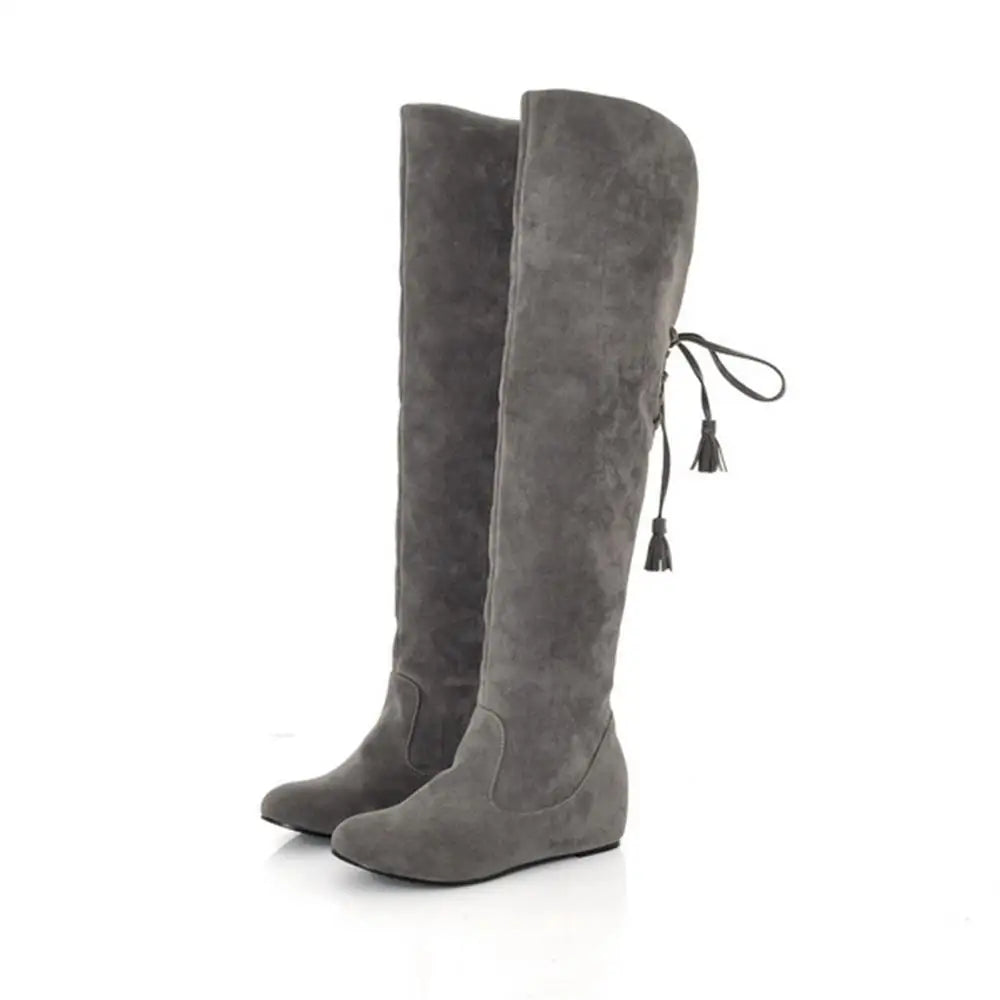 Botte haute gris Daim Femme - Lacets arrière à pompons