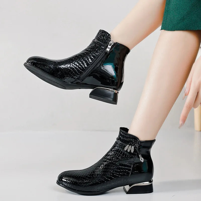 Bottine à talon noir Cuir Femme - Crocodile, nœud