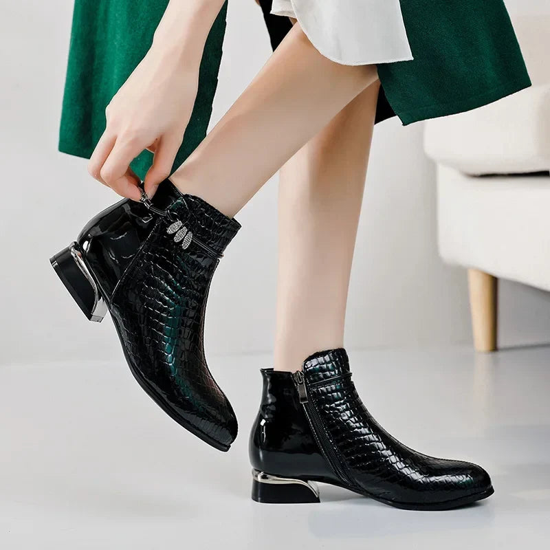 Bottine à talon noir Cuir Femme - Crocodile, nœud