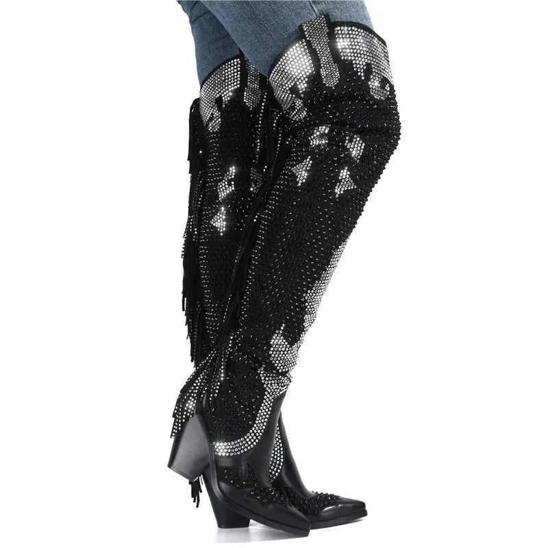 Santiag haute noir Simili Cuir Femme - Brillant, franges