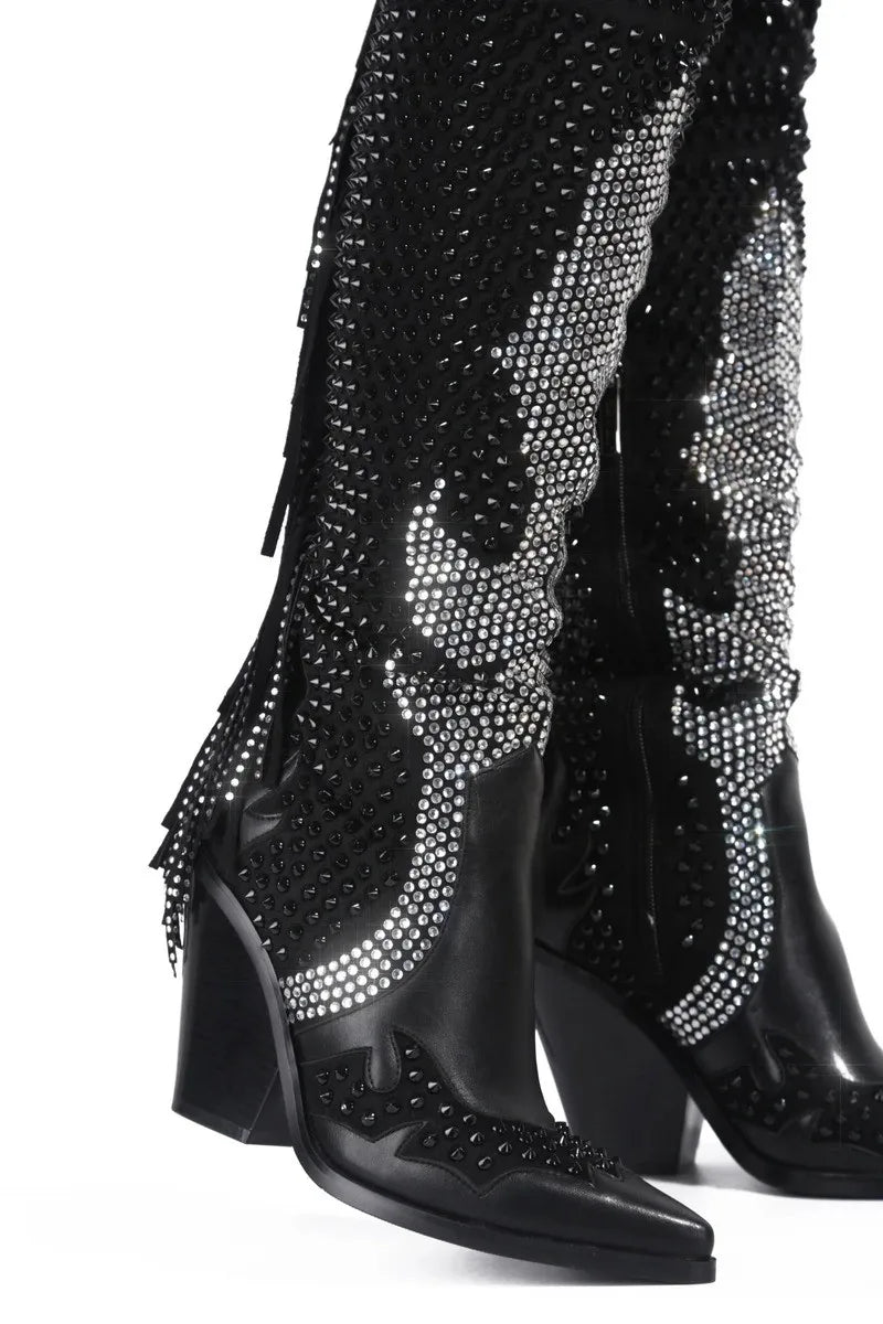 Santiag haute noir Simili Cuir Femme - Brillant, franges
