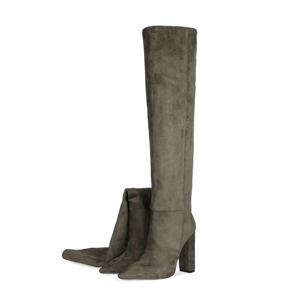 Botte haute gris Daim Synthétique Femme - Bout amande