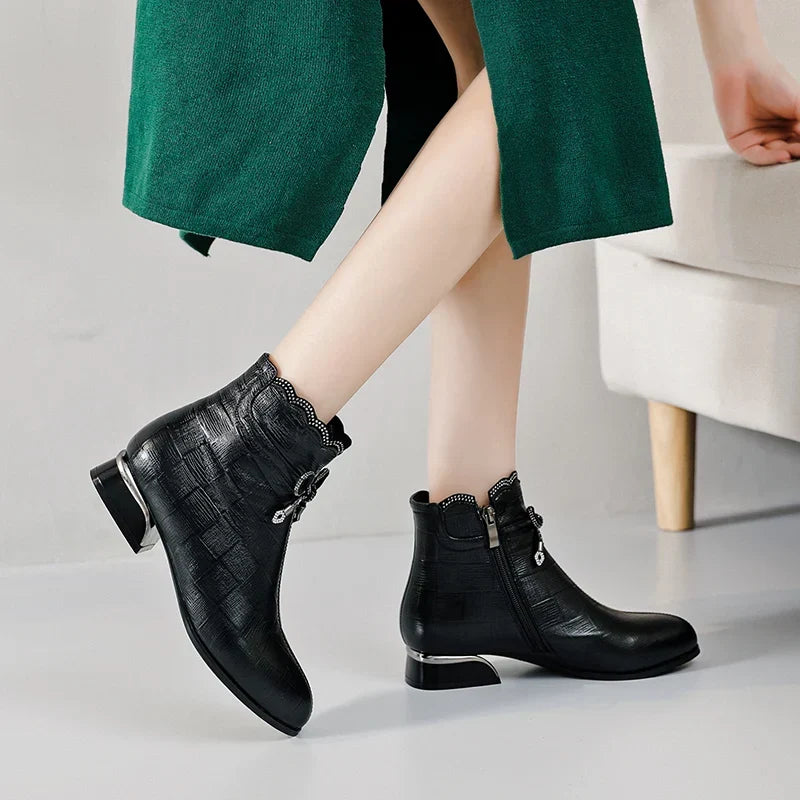 Bottine à talon noir Cuir Femme - Crocodile, nœud