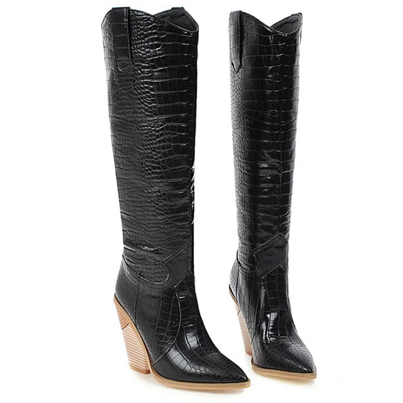 Santiag haute noir Synthétique Femme - Motif croco, talon clair