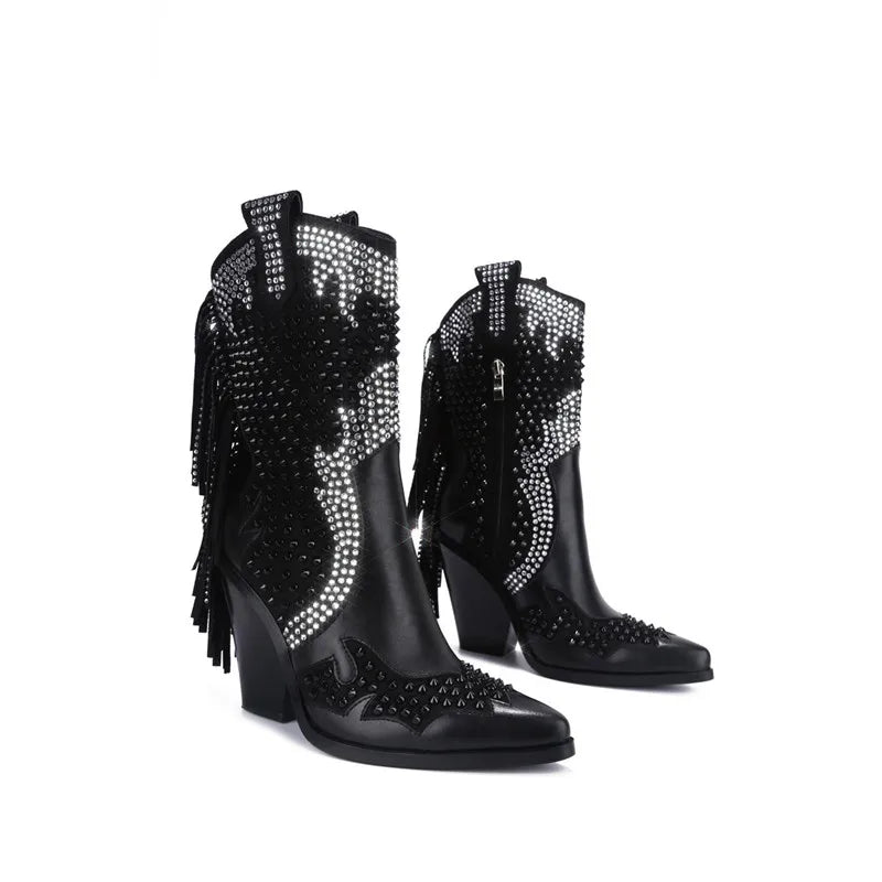 Santiag haute noir Simili Cuir Femme - Franges, clous