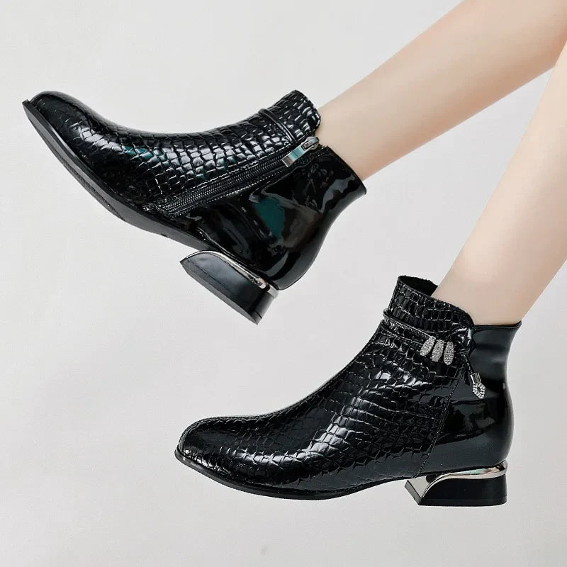 Bottine à talon noir Cuir Femme - Crocodile, nœud