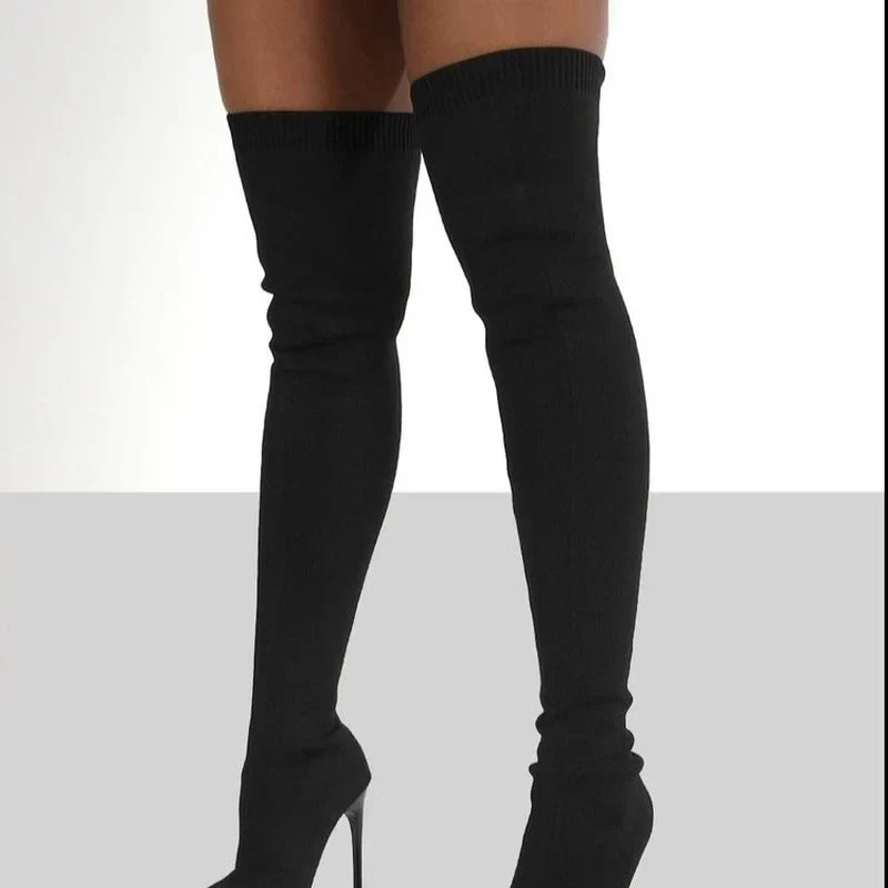 Botte haute noir Synthétique Femme - Cuissarde mate, talon aiguille
