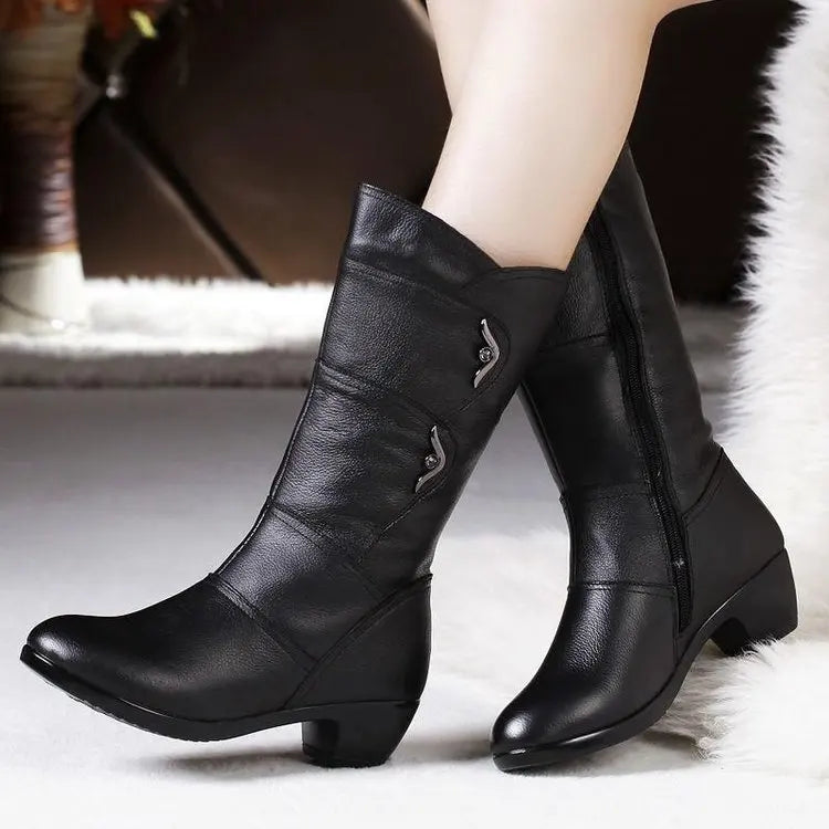 Santiag mi-haute noir Simili Cuir Femme - Boucles métalliques, bout arrondi