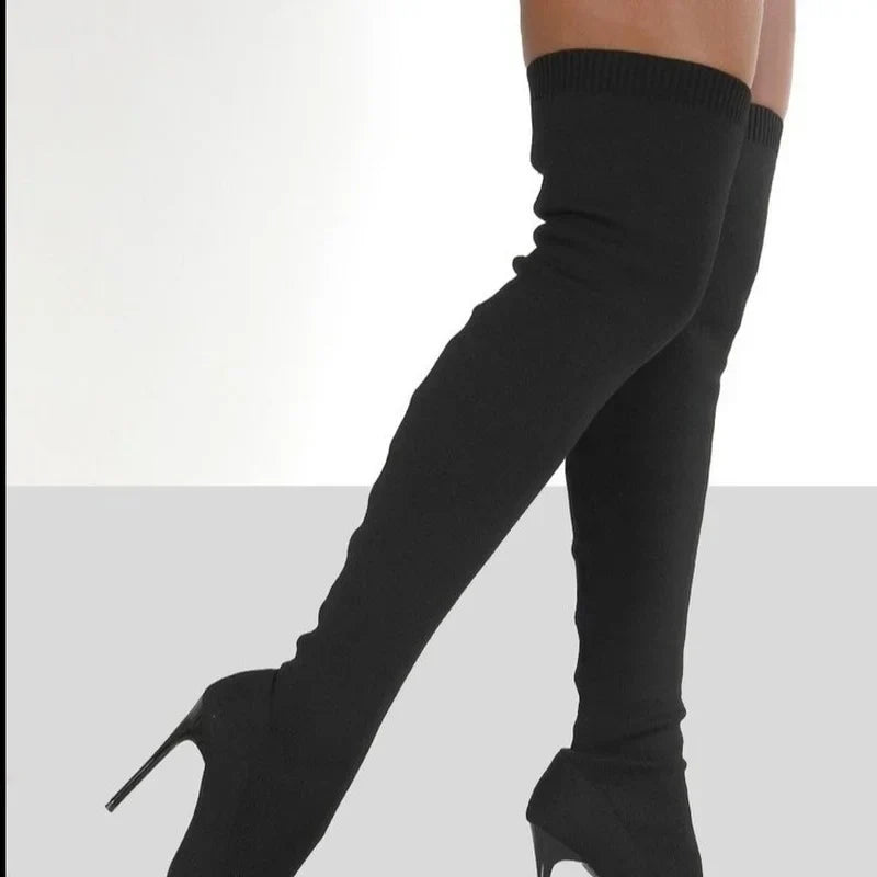 Botte haute noir Synthétique Femme - Cuissarde mate, talon aiguille