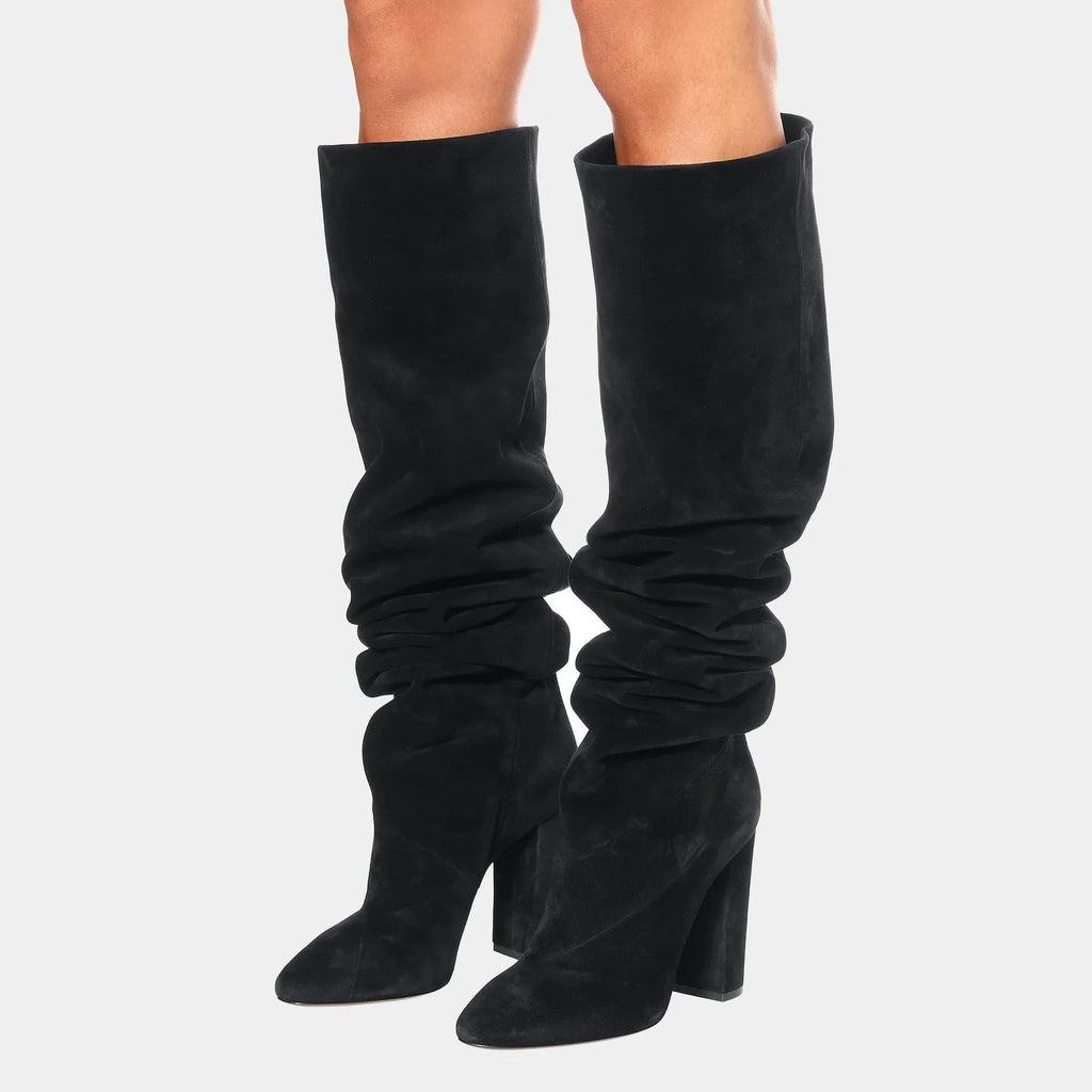 Botte haute noir Daim Synthétique Femme - Talon bloc, sans ornement