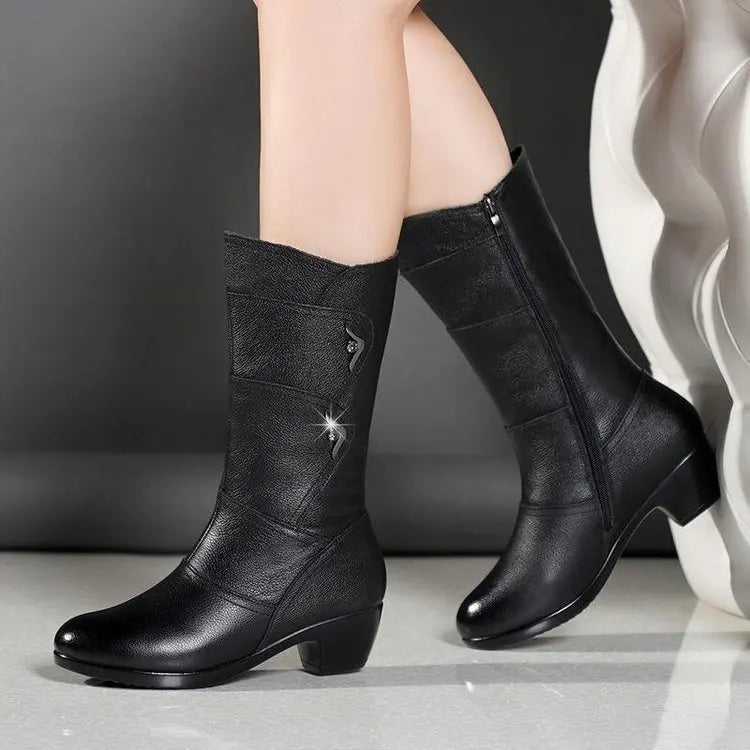 Santiag mi-haute noir Simili Cuir Femme - Boucles métalliques, bout arrondi