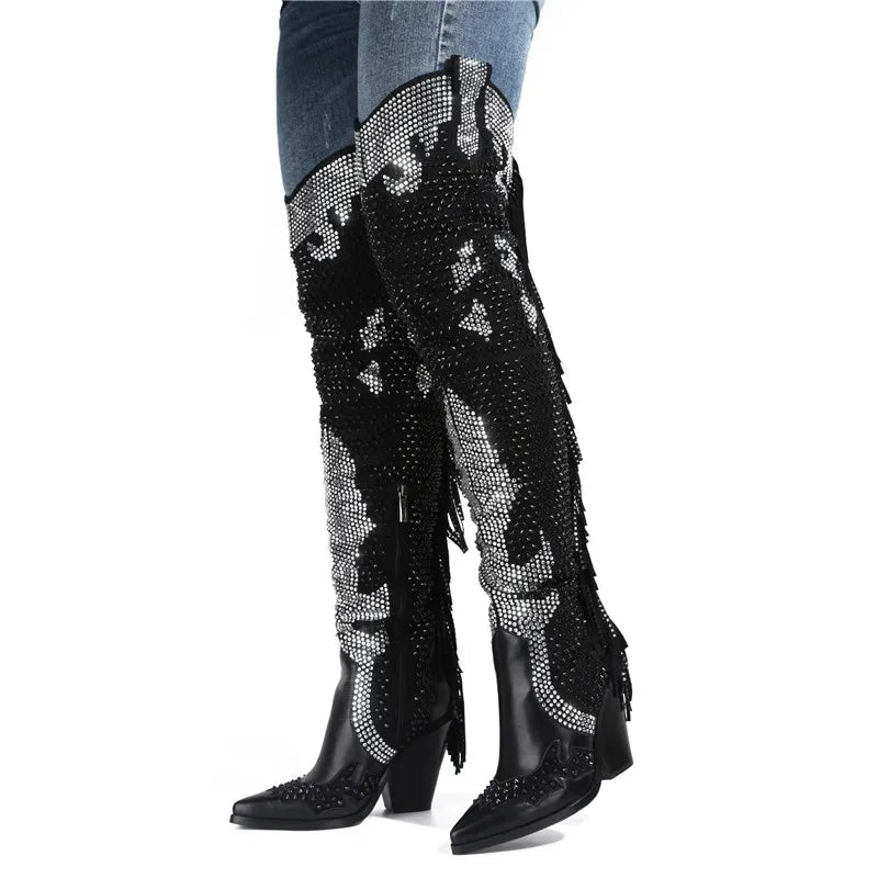 Santiag haute noir Simili Cuir Femme - Brillant, franges