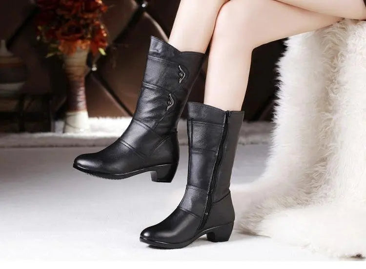 Santiag mi-haute noir Simili Cuir Femme - Boucles métalliques, bout arrondi