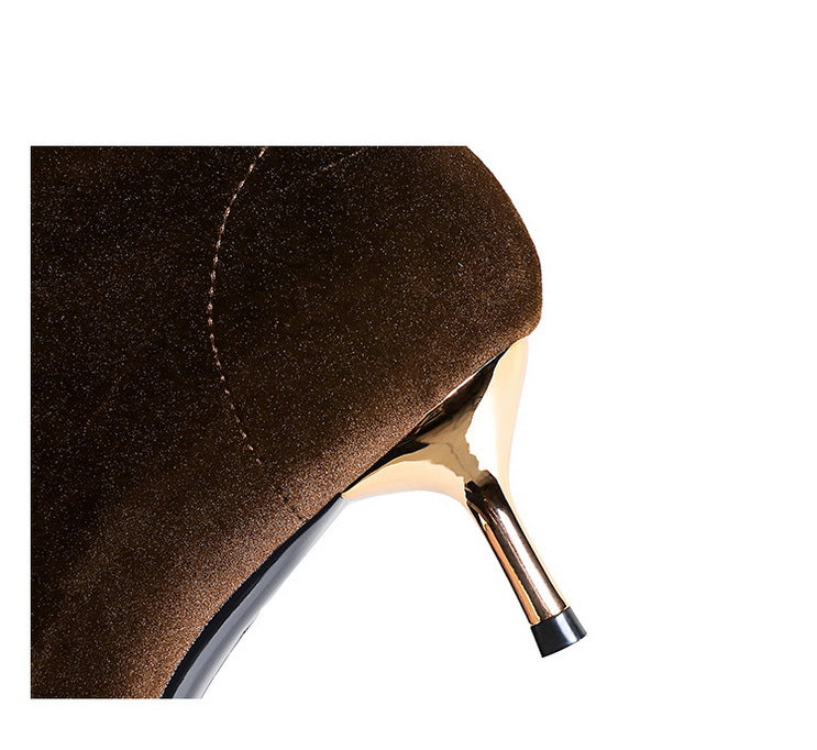 Bottine à talon Daim Synthétique Femme - Talon aiguille doré, bout métal