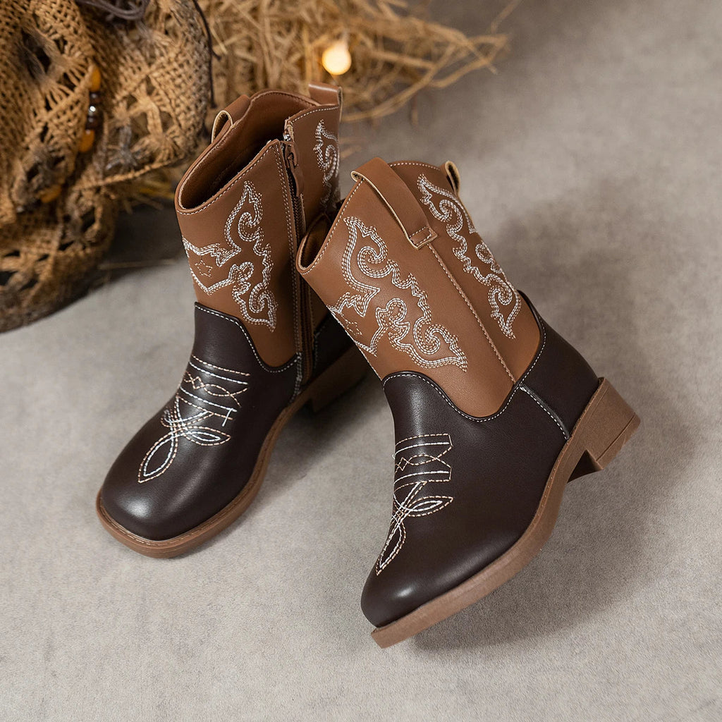 Santiag mi-haute marron foncé Simili Cuir Fille - Broderies western blanches