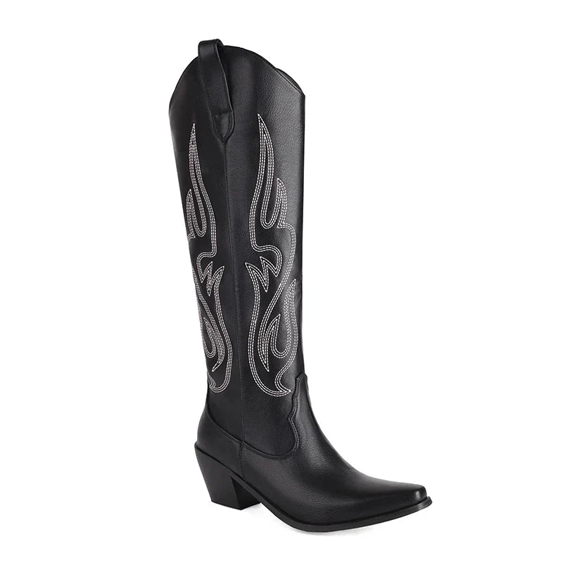 Santiag haute noir Simili Cuir Femme - Broderies géométriques, talon cubain
