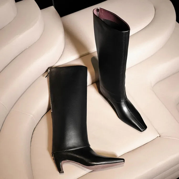 Botte haute noir Cuir Femme - Bout carré