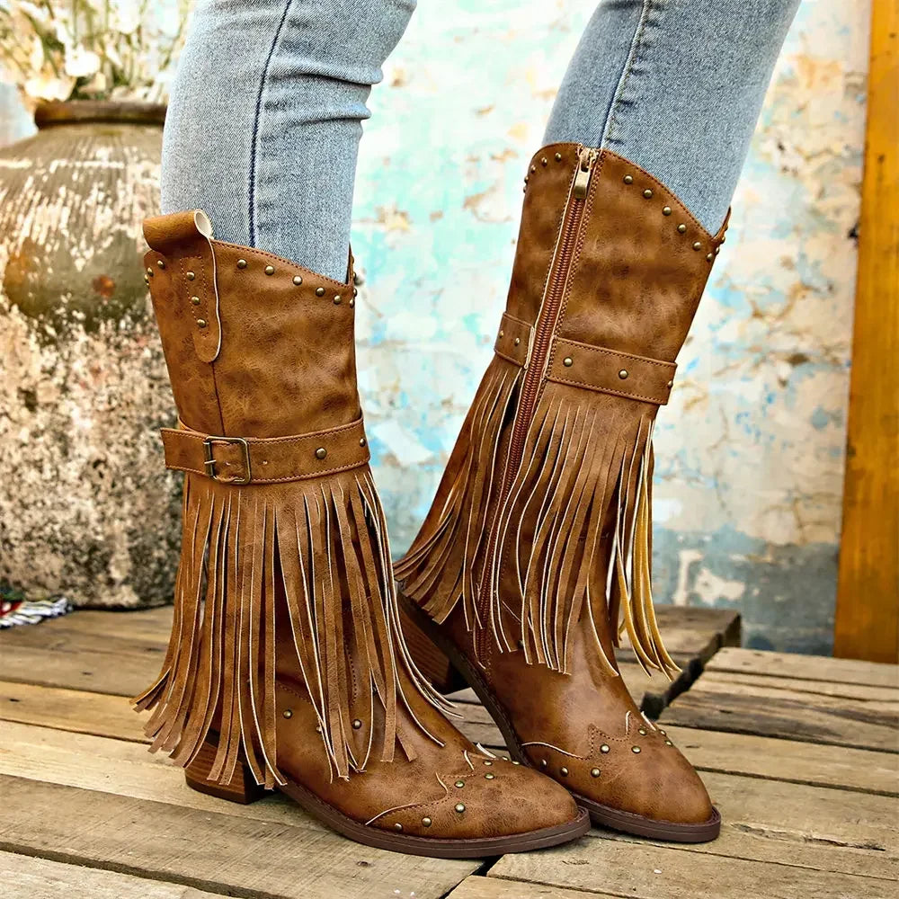 Santiag mi-haute marron Synthétique Femme - Franges, style cowboy