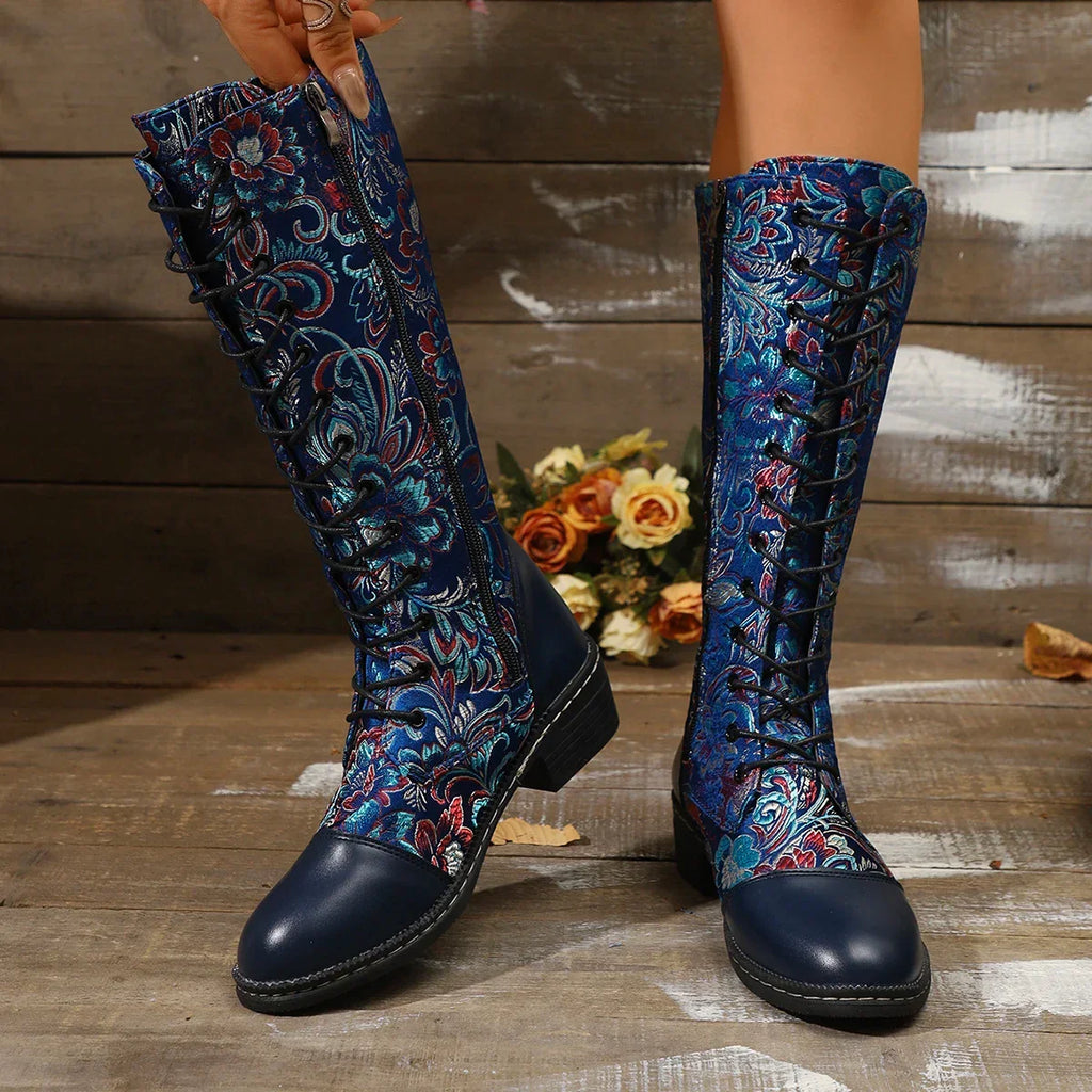 Botte haute bleu Simili Cuir Femme - Broderies florales