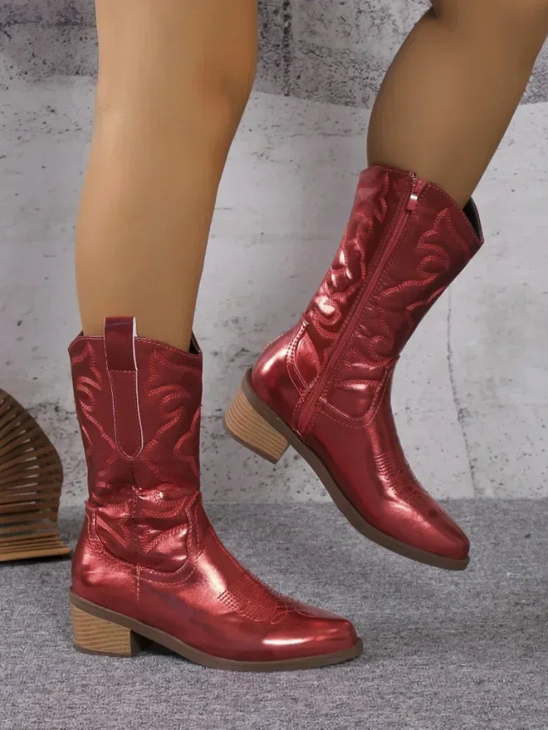 Santiag mi-haute rouge Simili Cuir Femme - Broderies western, effet métallisé