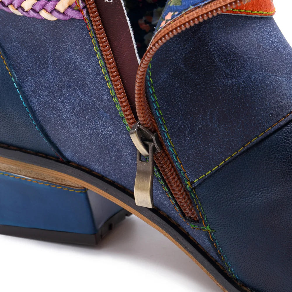 Santiag mi-haute bleu Cuir Femme - Broderies florales, sangles