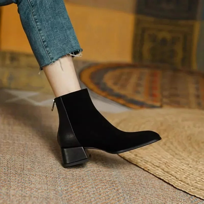 Bottine à talon noir Daim Femme - Bout rond, talon bloc bas