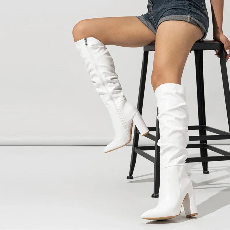Botte haute blanc Simili Cuir Femme - Tige drapée, talon bloc
