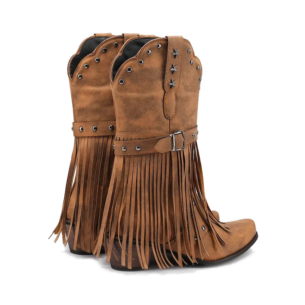 Santiag mi-haute camel Simili Cuir Femme - Franges, étoiles