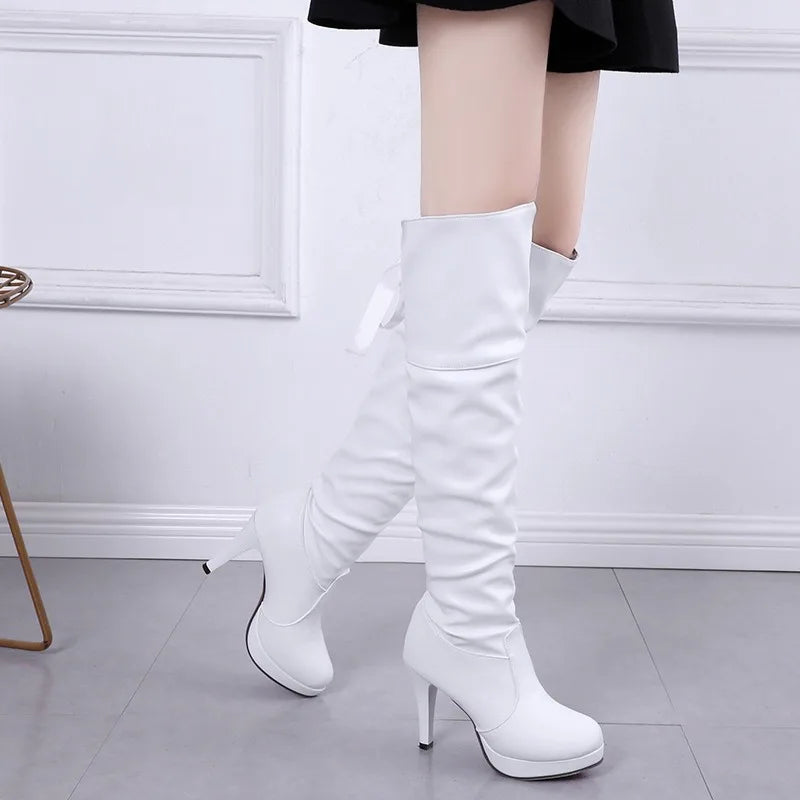 Botte haute blanc Simili Cuir Femme - Boutons décoratifs